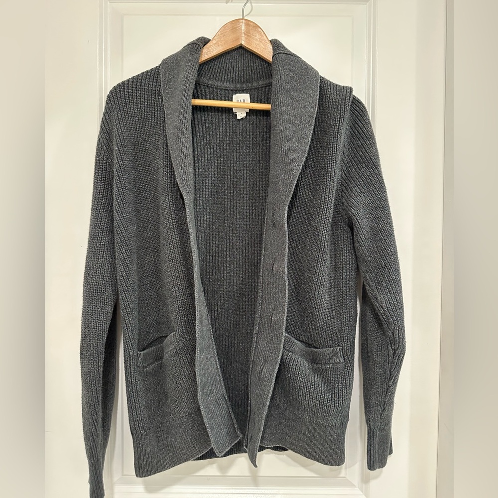 GAP Men's Charcoal Shawl Grandpa Cardigan Sweater Size Medium 100% Cotton